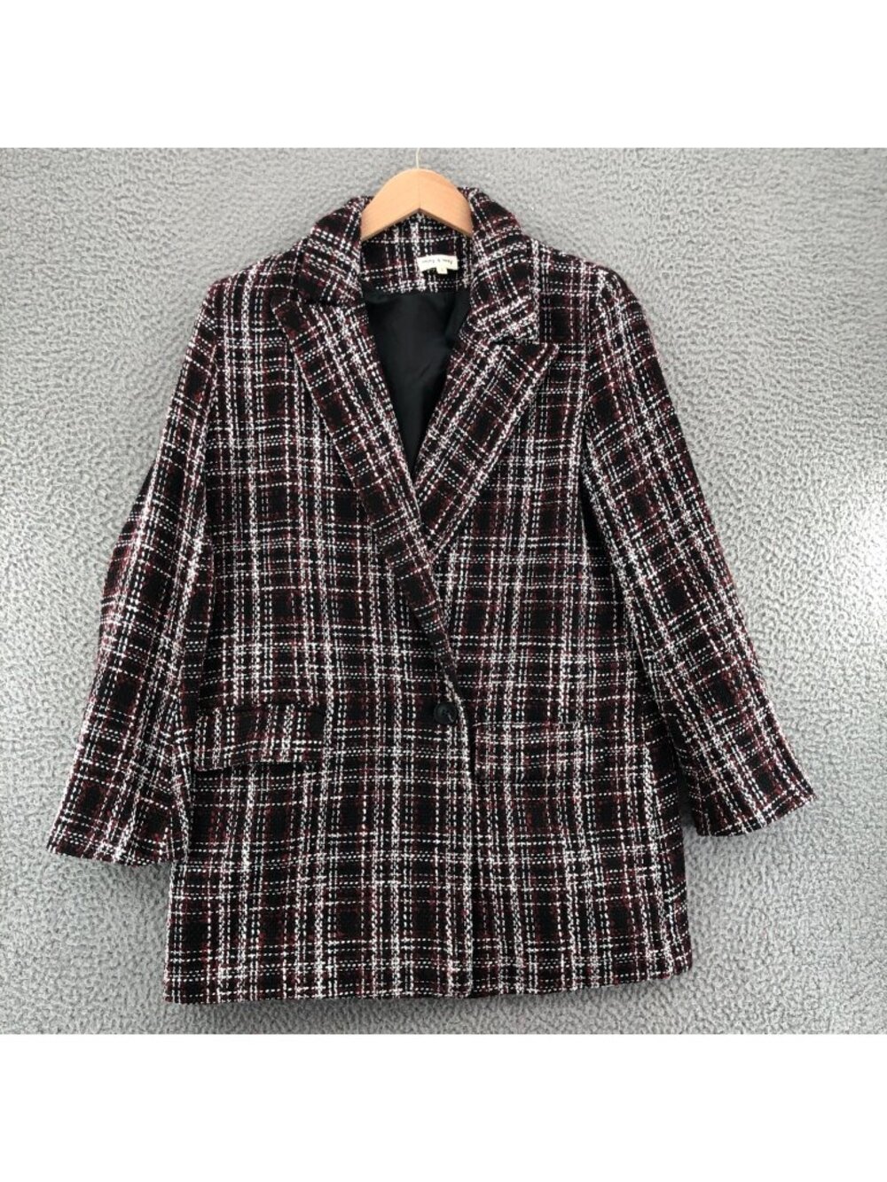 Aaron & Amber Coat Womens Large Black Plaid Tweed Double Breasted Blazer Pockets
